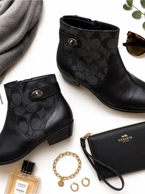 Coach Signature Jacquard Leather Ankle Boots Black Turnlock Side Zip Women’s 8.5 thumbnail 3