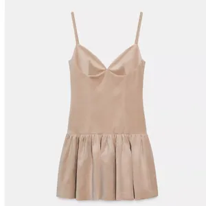 Zara NWT velvet spaghetti strap voluminous ruffle hem light pale pink mini dress thumbnail 3