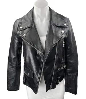 Sleek Chic Black Faux Vegan Leather Asymmetric Zip Long Sleeve Moto Jacket Sz S thumbnail 1