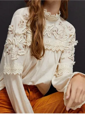 Anthropologie Gemma Embroidered Lace Blouse Medium Cottagecore thumbnail 2
