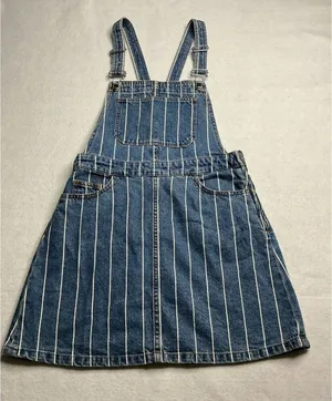 H&M Divided Women Blue Striped Denim Overall Skirt Dress Size 6 thumbnail 1