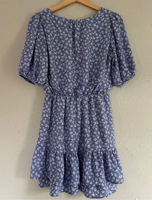 🦋 Sienna Sky Blue White Floral Puff Sleeve Mini Dress Casual Cottagecore Small thumbnail 3