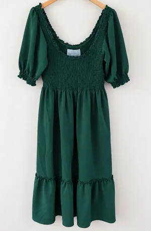 Hill House Louisa Nap Dress Emerald Green Smocked Puff Sleeve Midi Large Cottage thumbnail 1