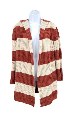 POL Striped Hooded Open Cardigan Sweater Rust Cream Size Small Cozy Boho thumbnail 1