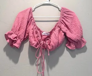 Luca + Grae Pink‎ Tie Front Crop Top Puff Sleeves Size Small Cruise Summer thumbnail 1