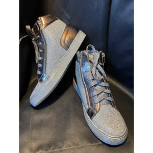 Silver Glitter High Top Sneakers Metallic Patent Trim Double Zip Fashion Shoes‎ thumbnail 4
