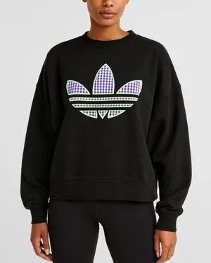 Adidas Trefoil Neon Gingham Logo Cropped Sweatshirt Black Women’s Size L thumbnail 1