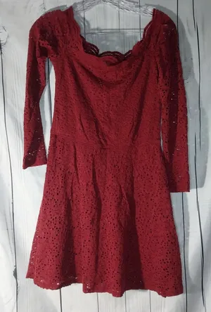 Hollister Burgundy Lace Long Sleeve Fit & Flare Skater Mini Dress NWT thumbnail 1