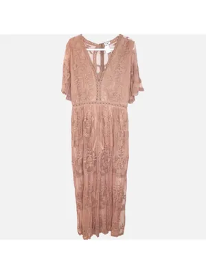 POL “Dress Me In Lace” Cotton Maxi Lace Romper Caramel Festival Coastal Boho M/L thumbnail 3