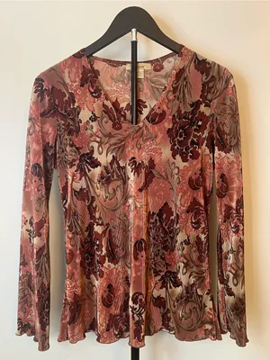 Y2K Plissé Sheer Floral Long‎ Sleeve Top Boho Fairy Grunge S thumbnail 2