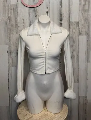 Y2K White Cropped Zip-Up Top XS Faux Fur Trim Long Sleeve Fitted thumbnail 1