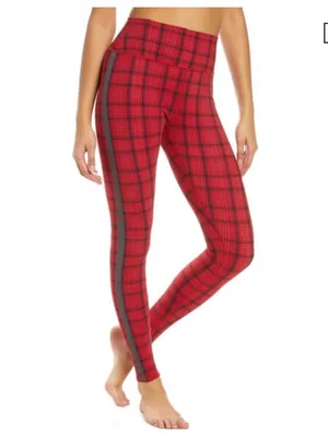 ALO‎ Yoga High Rise Occassion Leggings Red Plaid Reflective Stripe Size XS thumbnail 2