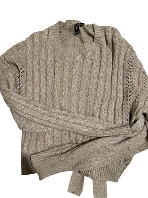 Windsor Cable Knit Sweater Open Back Tie Cropped Taupe Neutral Fall Top Medium thumbnail 5