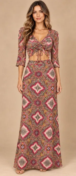Pia Colors Womens 2 Piece Set S Multicolor Paisley Crop Top Maxi Skirt Set thumbnail 1