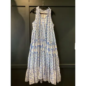 Calypso St Barth Daria Dress M Blue White Block Print Floral Cotton Resort Maxi thumbnail 3