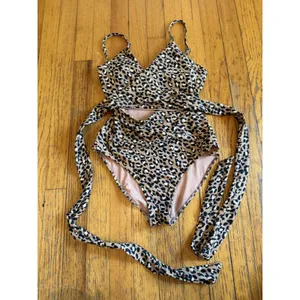 Aerie Swimsuit Womens Small Brown Leopard One Piece Belted Wrap Tie Waist Lined thumbnail 5