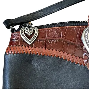 Brighton Vintage Crossbody Bag Black Leather Brown Croc Embossed Heart Accent thumbnail 3