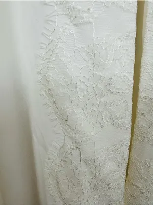 Fame and Partners white lace trim spaghetti strap slip cut gown front slit 8 thumbnail 4