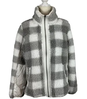 Abercrombie Sherpa Check Fleece Plaid Full Zip Jacket Coat Gray and White Size Medium thumbnail 2