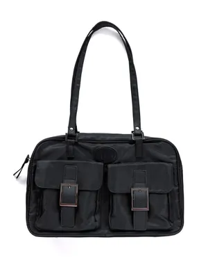 Classic Black Women's Shoulder Bag with Front Buckle Pockets thumbnail 1