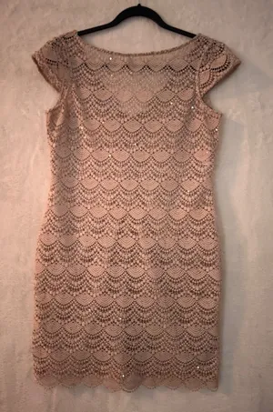 Kay Unger New York Sheer Pink Scalloped Lace Sequin Cap Sleeve Cocktail‎ Dress thumbnail 1