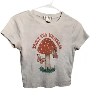 Cut & Paste Women's Size Small T-Shirt Ribbed Beige Trust The Universe Mushroom thumbnail 1