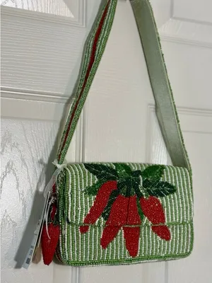 Viral Made in India Red Hot Chili Pepper Beaded Striped Shoulder Bag Charm NWT thumbnail 1