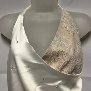 Women's Rhinestone Cream Lace Halter Maxi Dress Size Small thumbnail 3