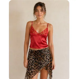 Y2K Red Heart Print Satin Camisole Crop Top Size Large Slip Tank thumbnail 2