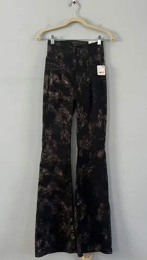 Free People NWT Jayde Black Tie Printed Metallic Black Flare Jeans thumbnail 5