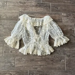 Cider Sheer Mesh V-neck Floral Embroidered Ruffle Blouse with Bell Sleeves thumbnail 7