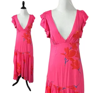 Free People Tropical Hawaiian Hibiscus Hot Pink Floral Maxi Dress Size 8 Summer thumbnail 8