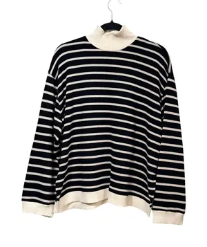 Zara Womens Black White Striped Mock Neck Knit Sweater Size Large Relaxed Fit thumbnail 1