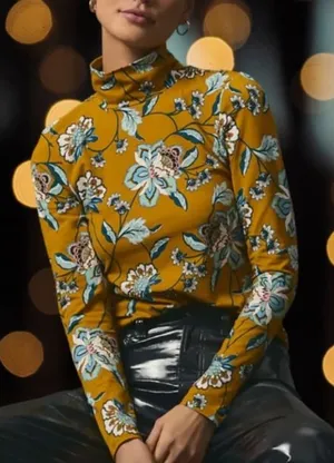 Anthropologie Maeve Mustard Yellow Floral Printed Mock Neck Turtleneck Large thumbnail 1