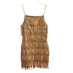 NWT Madam Uniq Womens Gold Sequin Tassel Mini Dress Fringe Party Gown Medium thumbnail 4