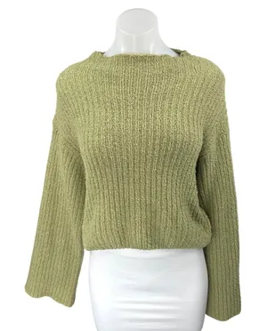 Lush Women's Green Ribbed Knit Long Sleeve Fleece Sherpa Sweater Top Size M thumbnail 1
