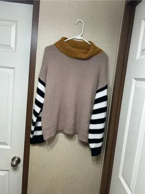 Women's Taupe Cowl Neck Sweater with Mustard Collar and Striped Sleeves thumbnail 2