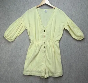 Billabong Womens Yellow Striped Puff Sleeve Button Front Seersucker Romper Sz‎ S thumbnail 1