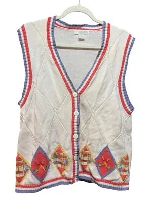 Preston & York Sport Vintage Argyle Golf Sweater Vest Cream Blue‎ Red sz L thumbnail 1