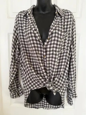 Anthropologie black and white gingham button front shirt thumbnail 1