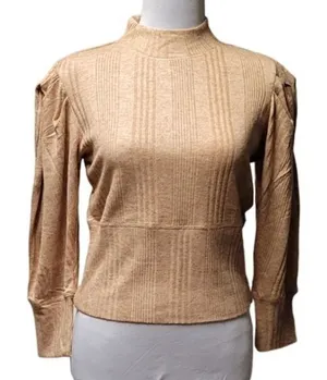 Ribbed Mock Neck Top Womens Puff Shoulder Camel‎ Tan Fall Layering New Size M thumbnail 1