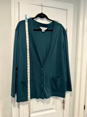 Lands End Size L Green 100% Cotton Button Front Cardigan Sweatshirt Pockets thumbnail 8