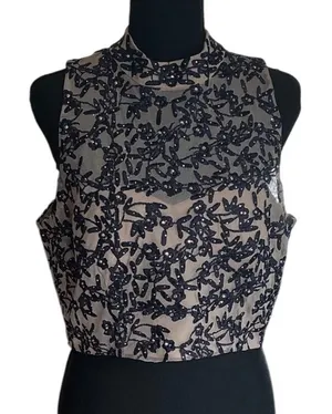 Vintage Women Black Floral Embroidered Rhinestone Crop Top‎ Keyhole Back 13 thumbnail 1