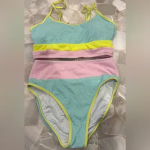NWOT Women’s Colorblock High-Waist Bikini Set - Pastel Pink, Light Blue & Lime thumbnail 2
