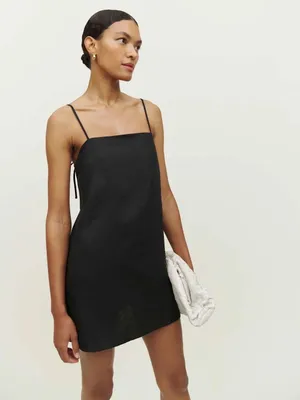 Reformation • Aubree Linen Dress black mini a-line shift tie spaghetti straps thumbnail 4