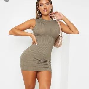 PrettyLittleThing 23Y NWT Khaki Rib Underbust‎ Detail Bodycon Mini Dress Size 6 thumbnail 1