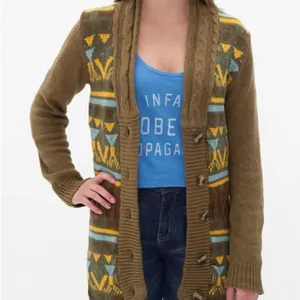 BKE Buckle Sweater Womens‎ Large Brown Mustard Button Up Cardigan Bohemian Knit thumbnail 1