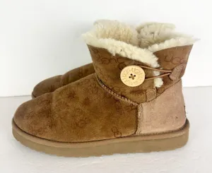 Ugg Mini Bailey Button Boot Womens Size 8 Logo Spellout Brown Monogram thumbnail 1