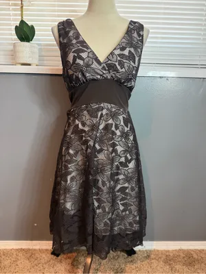 Studio Y Dark Brown Floral Lace Dress Size L Y2K Romantic Empire Waist thumbnail 4