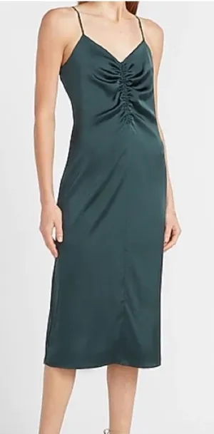 Express Forest Green Satin Ruched Bust Midi Slip Dress Size Small S‎ thumbnail 1